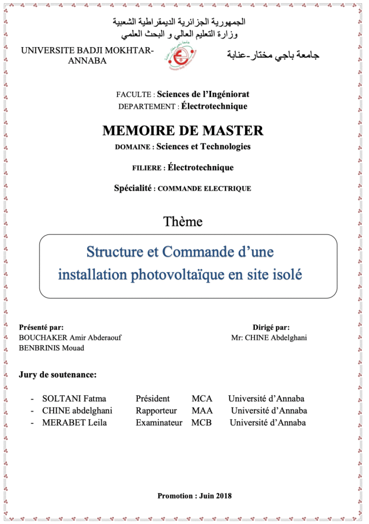 MEMOIRE DE MASTER : Structure et Commande d’une installation photovoltaïque en site isolé