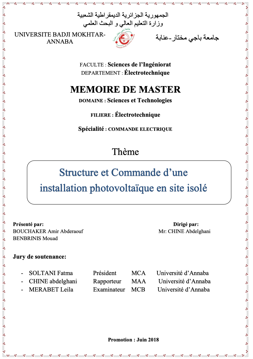 MEMOIRE DE MASTER : Structure et Commande d’une installation photovoltaïque en site isolé
